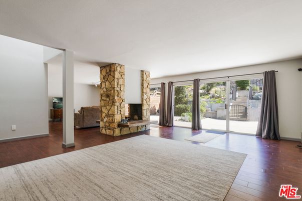 Empty room, Fireplace, Interior, Stone Walls, Wood Texture Flooring