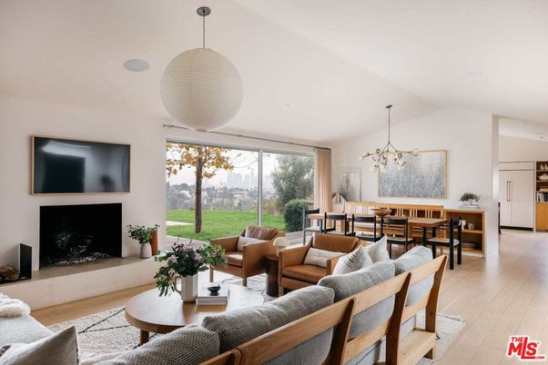 Dining room, Fireplace, Interior, Living room, Pendant Lights, Wood Texture Flooring