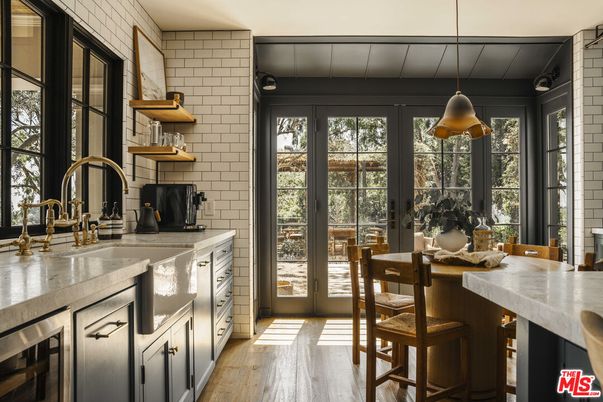 Interior, Kitchen, Pendant Lights, Stone Walls, Wood Texture Flooring