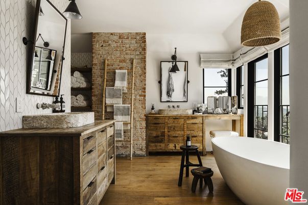 Bathroom, Dual Sink Vanities, Free Standing Baths, Interior, Stone Walls, Wood Texture Flooring
