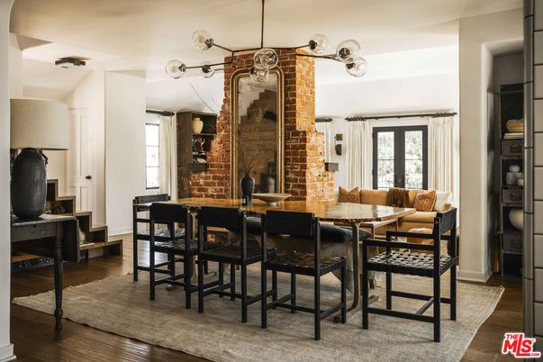Dining room, Interior, Pendant Lights, Stone Walls, Wood Texture Flooring