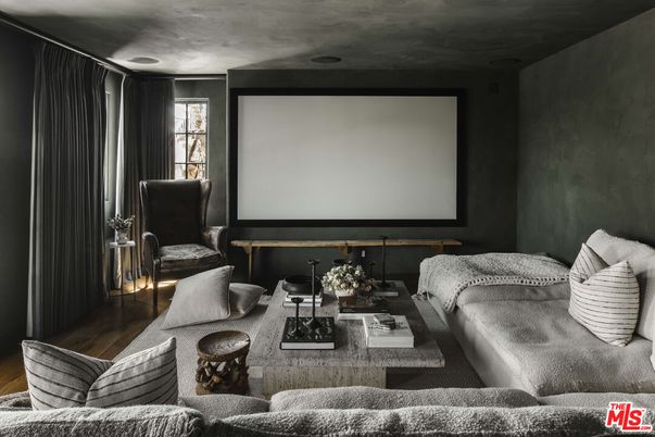 Interior, Projection Screen, Recessed Lighting, Theatre Room, Wood Texture Flooring
