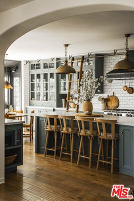 Interior, Kitchen, Pendant Lights, Stainless Steel Appliances, Stone Walls, Wood Texture Flooring