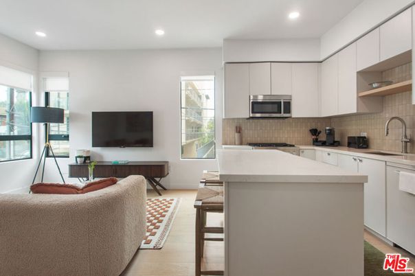 Interior, Kitchen, Living room, Recessed Lighting, Stainless Steel Appliances, Wood Texture Flooring