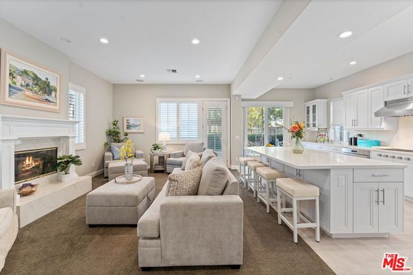 Fireplace, Interior, Kitchen, Living room, Recessed Lighting