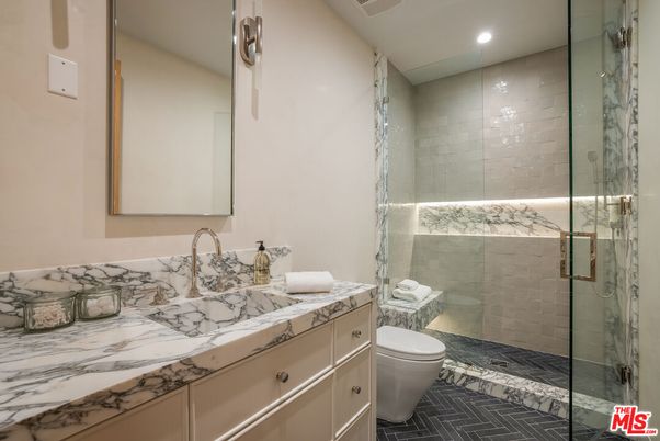 Bathroom, Glass Shower, Interior, Marble Walls, Recessed Lighting