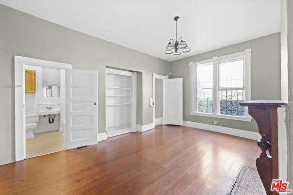 Bathroom, Chandelier, Empty room, Interior, Pendant Lights, Wood Texture Flooring