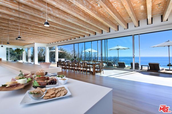 Dining room, Interior, Pendant Lights, Water, Wooden Beams, Wooden Ceilings, Wood Texture Flooring