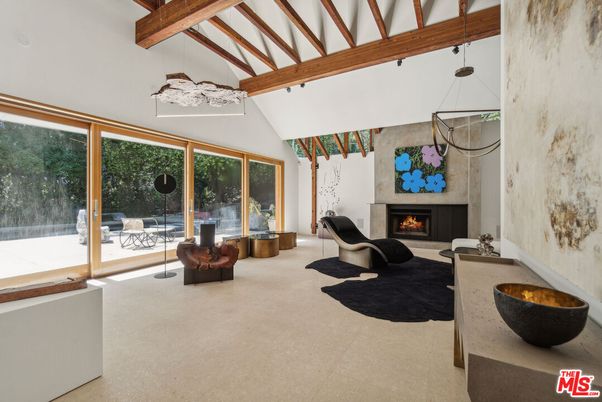 Fireplace, Interior, Living room, Pendant Lights, Wooden Beams