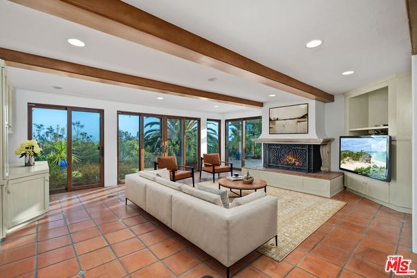 Fireplace, Interior, Living room, Recessed Lighting, Wooden Beams