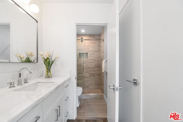 Bathroom, Glass Shower, Interior, Recessed Lighting, Wood Texture Flooring