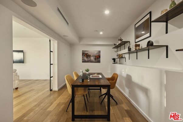 Dining room, Interior, Recessed Lighting, Wood Texture Flooring