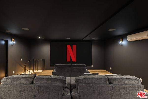 Interior, Projection Screen, Recessed Lighting, Theatre Room, Wood Texture Flooring