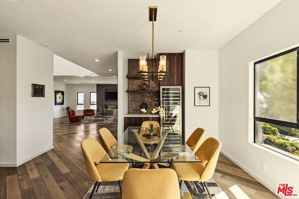 Dining room, Fireplace, Interior, Living room, Pendant Lights, Recessed Lighting, Wood Texture Flooring