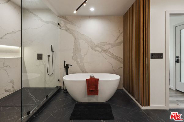 Bathroom, Free Standing Baths, Glass Shower, Interior, Marble, Marble Walls, Recessed Lighting