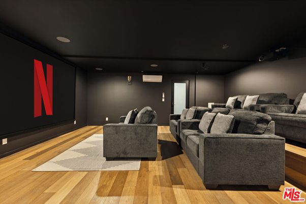 Interior, Projection Screen, Recessed Lighting, Theatre Room, Wood Texture Flooring