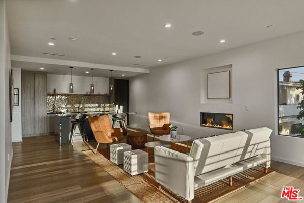 Fireplace, Interior, Kitchen, Living room, Pendant Lights, Recessed Lighting, Wood Texture Flooring