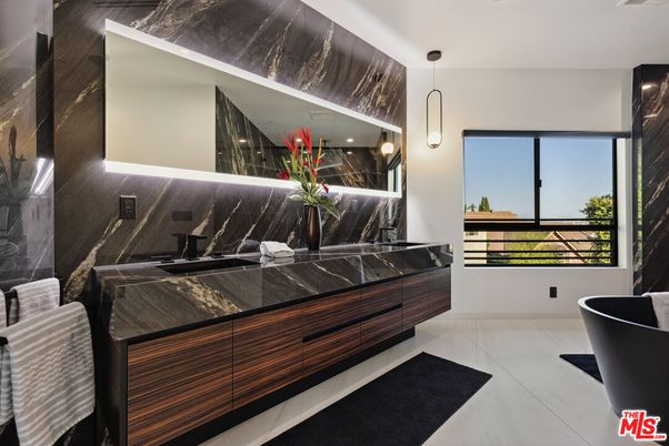 Bathroom, Dual Sink Vanities, Free Standing Baths, Interior, Marble Walls, Pendant Lights
