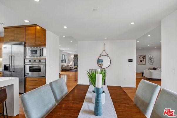Dining room, Interior, Kitchen, Recessed Lighting, Stainless Steel Appliances, Wood Texture Flooring