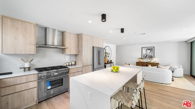 Interior, Kitchen, Living room, Recessed Lighting, Stainless Steel Appliances, Wood Texture Flooring