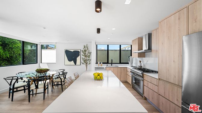Dining room, Interior, Kitchen, Recessed Lighting, Stainless Steel Appliances, Wood Texture Flooring