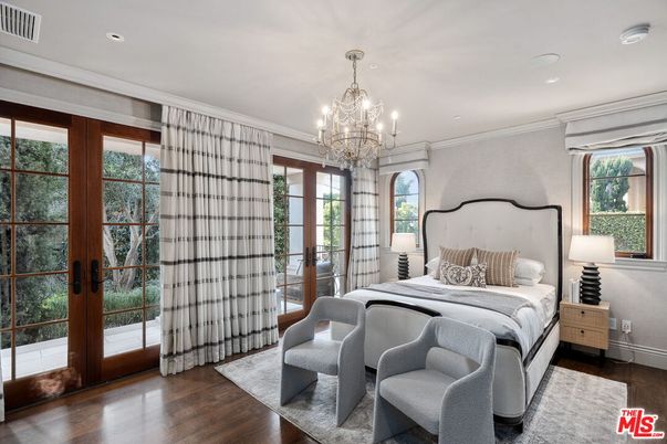 Bedroom, Chandelier, Interior, Recessed Lighting, Wood Texture Flooring