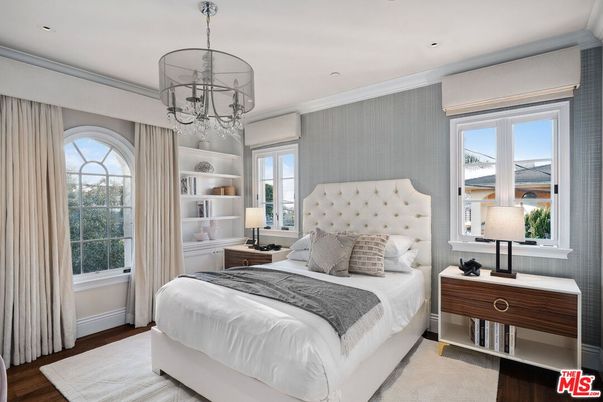 Bedroom, Chandelier, Interior, Recessed Lighting, Wood Texture Flooring