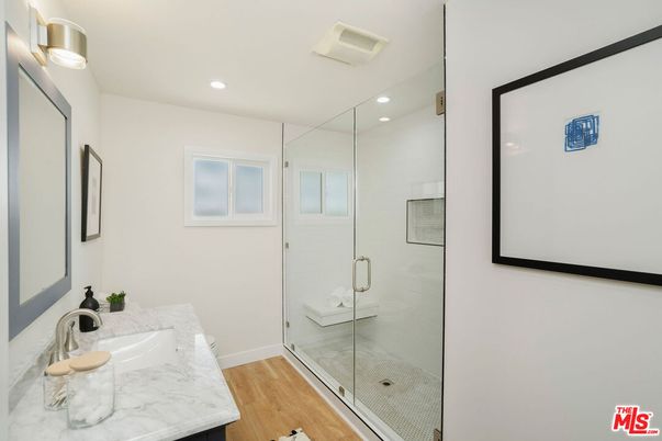 Bathroom, Glass Shower, Interior, Recessed Lighting, Wood Texture Flooring