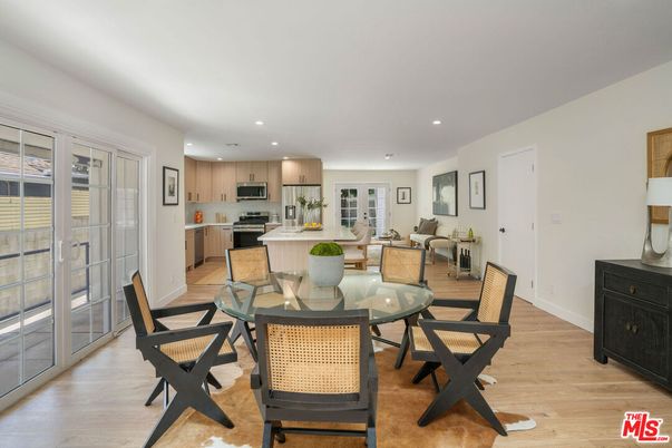 Dining room, Interior, Kitchen, Living room, Recessed Lighting, Stainless Steel Appliances, Wood Texture Flooring