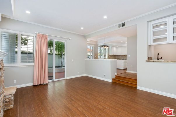 Empty room, Interior, Kitchen, Pendant Lights, Recessed Lighting, Wood Texture Flooring