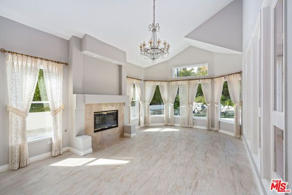 Chandelier, Empty room, Fireplace, Interior, Wood Texture Flooring