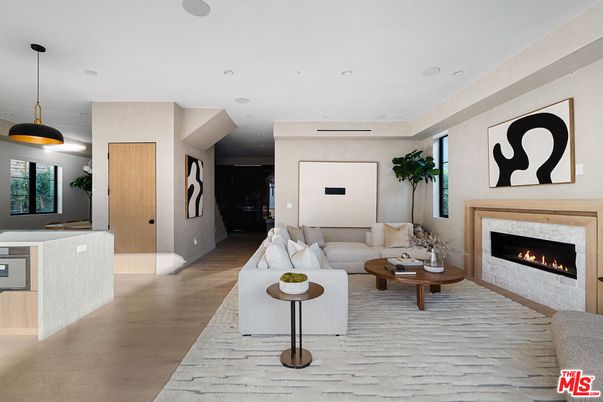 Fireplace, Interior, Living room, Pendant Lights, Recessed Lighting, Wood Texture Flooring