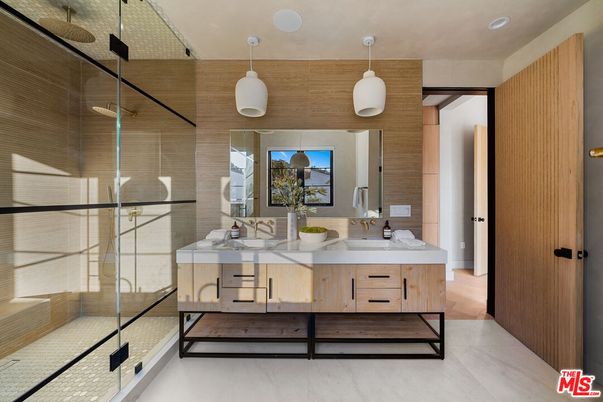 Bathroom, Dual Sink Vanities, Glass Shower, Interior, Pendant Lights