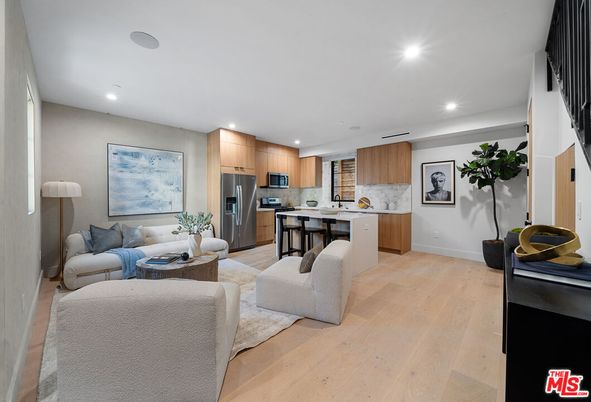 Interior, Kitchen, Living room, Recessed Lighting, Stainless Steel Appliances, Wood Texture Flooring