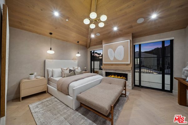 Bedroom, Fireplace, Interior, Living room, Pendant Lights, Recessed Lighting, Wooden Ceilings, Wood Texture Flooring