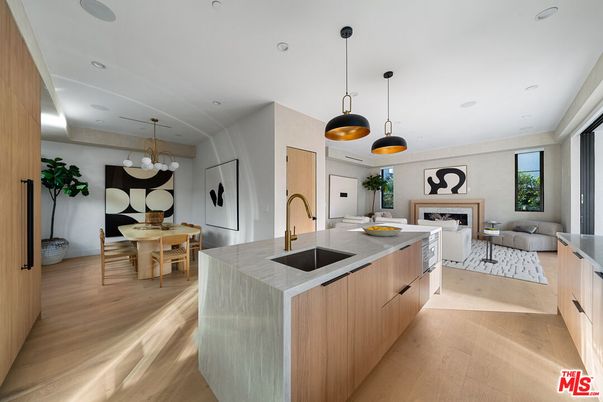 Dining room, Fireplace, Interior, Kitchen, Living room, Pendant Lights, Recessed Lighting, Wood Texture Flooring