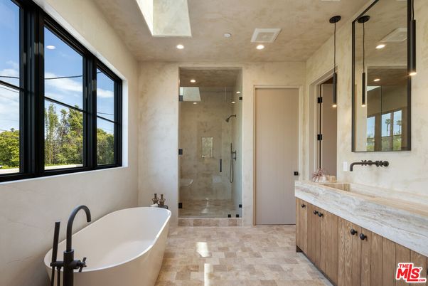 Bathroom, Free Standing Baths, Glass Shower, Interior, Marble Walls, Recessed Lighting