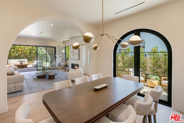 Dining room, Fireplace, Interior, Living room, Pendant Lights, Recessed Lighting, Wood Texture Flooring