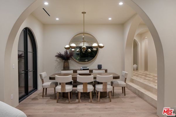 Dining room, Interior, Pendant Lights, Recessed Lighting, Wood Texture Flooring