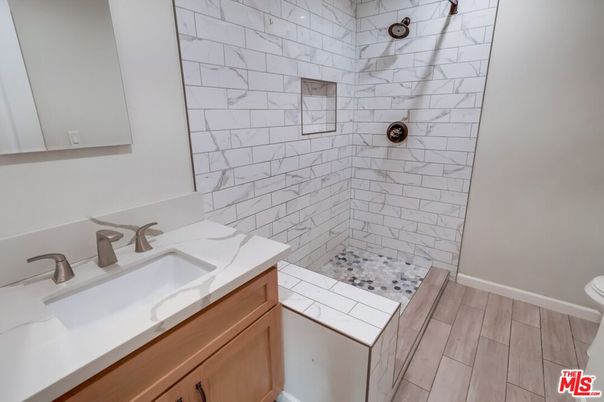 Bathroom, Interior, Marble Walls, Wood Texture Flooring