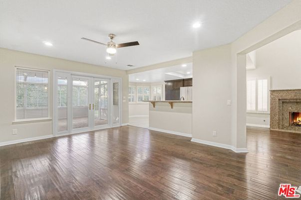 Empty room, Fireplace, Interior, Recessed Lighting, Wood Texture Flooring