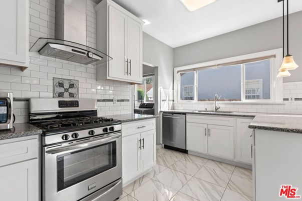 Interior, Kitchen, Marble, Pendant Lights, Recessed Lighting, Stainless Steel Appliances