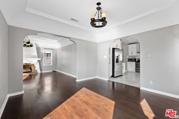 Empty room, Interior, Kitchen, Pendant Lights, Wood Texture Flooring
