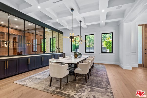 Dining room, Interior, Pendant Lights, Recessed Lighting, Wood Texture Flooring