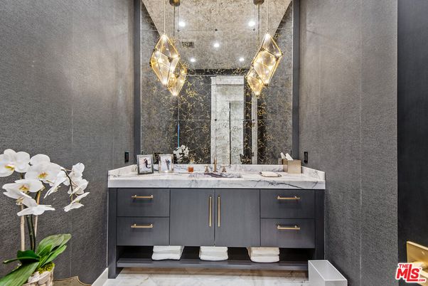 Bathroom, Dual Sink Vanities, Interior, Marble, Pendant Lights, Recessed Lighting