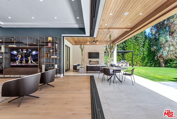 Dining room, Fireplace, Interior, Living room, Recessed Lighting, Wooden Ceilings, Wood Texture Flooring