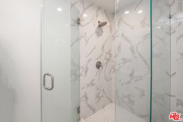 Bathroom, Glass Shower, Interior, Marble Walls, Recessed Lighting