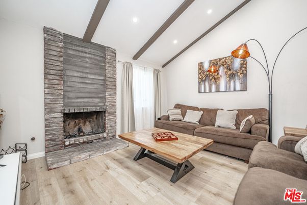 Fireplace, Interior, Living room, Recessed Lighting, Wooden Beams, Wood Texture Flooring
