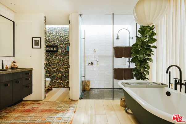 Bathroom, Glass Shower, Interior, Recessed Lighting, Wood Texture Flooring