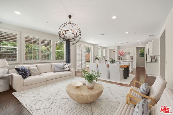 Chandelier, Dining room, Interior, Kitchen, Living room, Pendant Lights, Recessed Lighting, Wood Texture Flooring